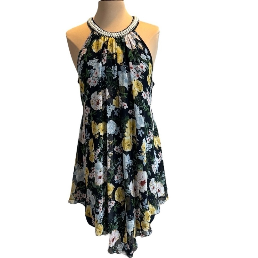 Kimcine Curve Floral Halter Dress with Beaded Neckline